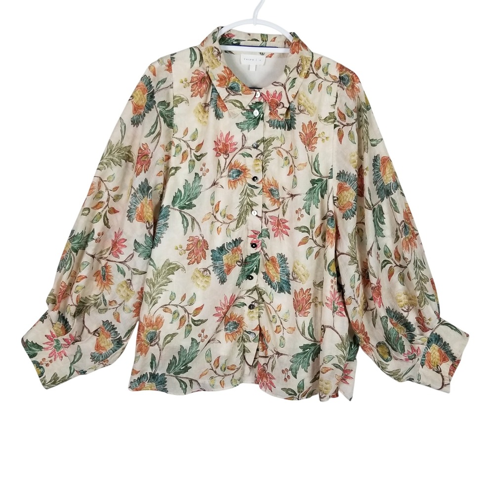 Entro Blouse Womens 1X Cream Floral Balloon Sleeve Tencel Button Up T29041P